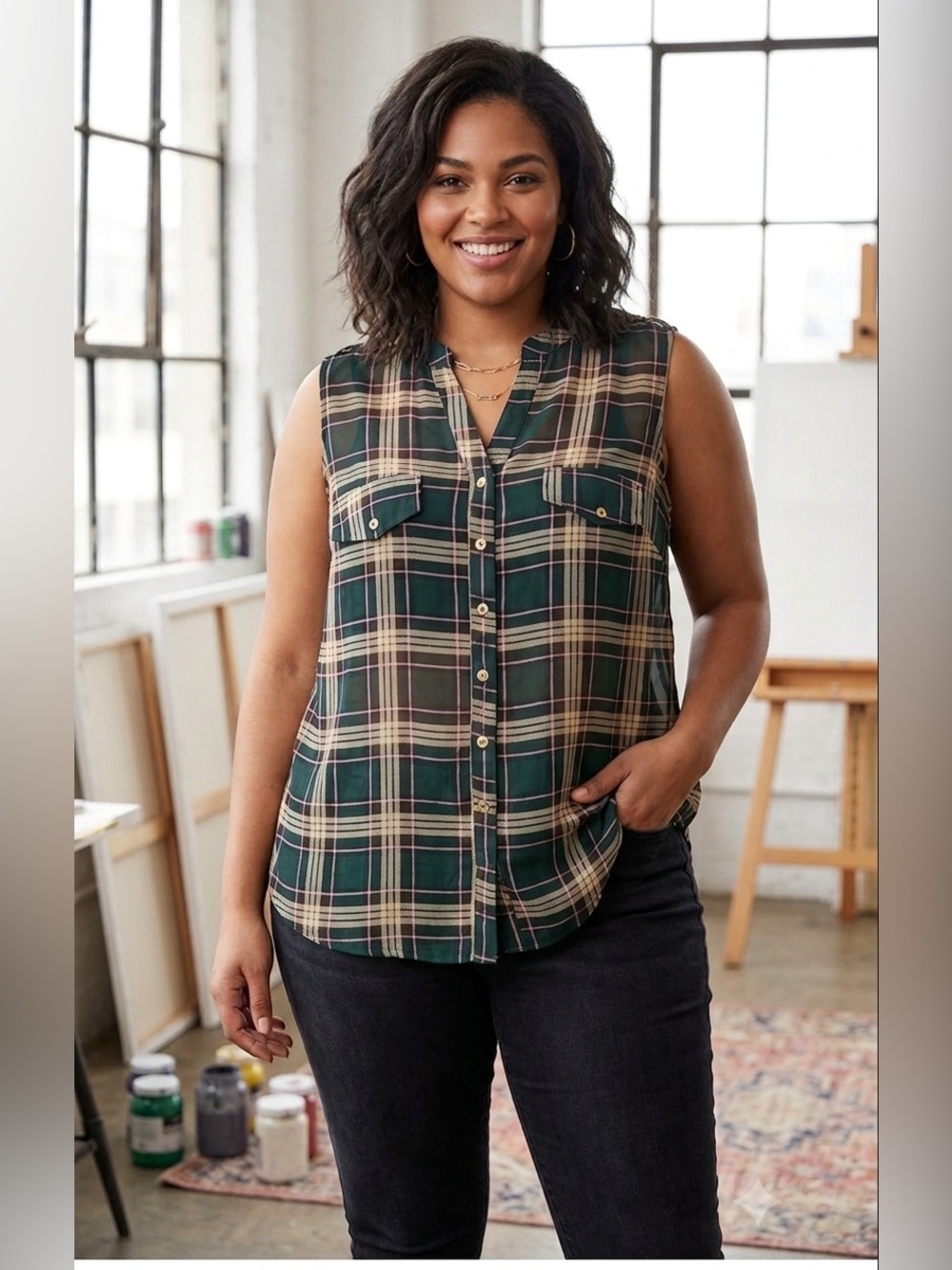 Zenobia Plaid Sheer Sleeveless Blouse – Dark Green & Gold